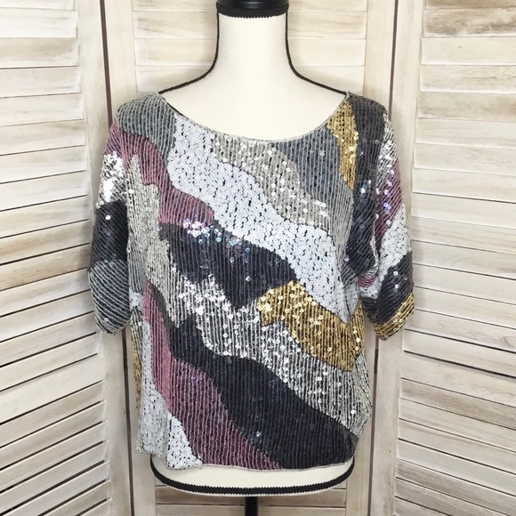 Vintage Tops - Vintage Mod Iridescent Silk Crop Sequin Top M